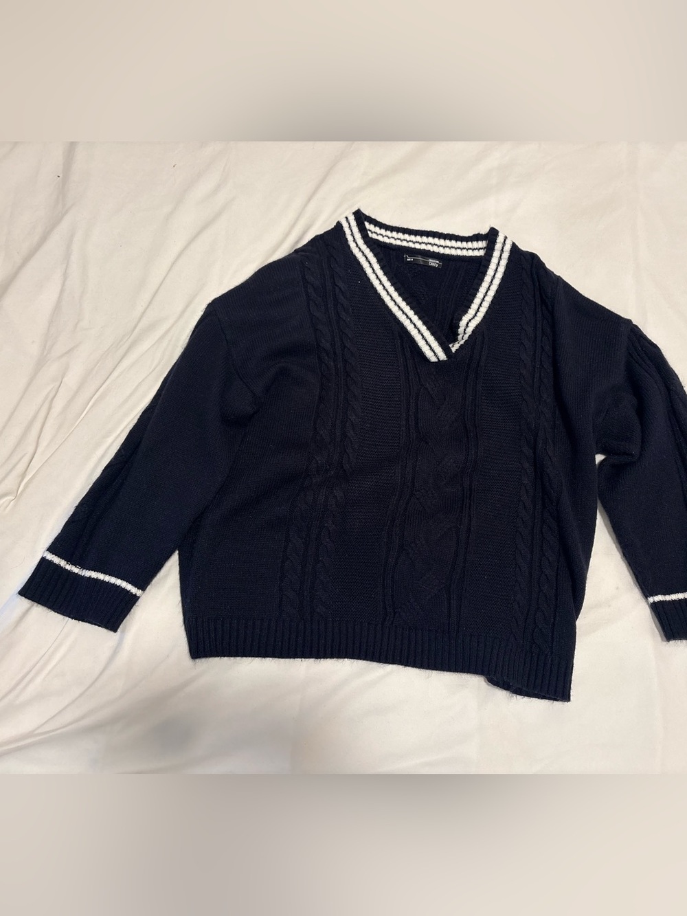 Cider Navy V-Neck Cable Knit Sweater with White Trim